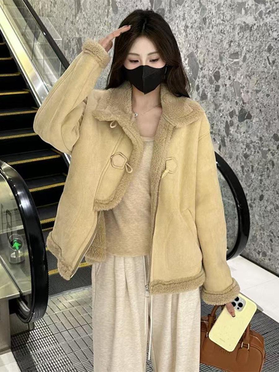 

Модное укороченное пальто с густым мехом, женское, 2025, зима, новый зарубежный стиль, универсальный маленький теплый топ S абрикосовый