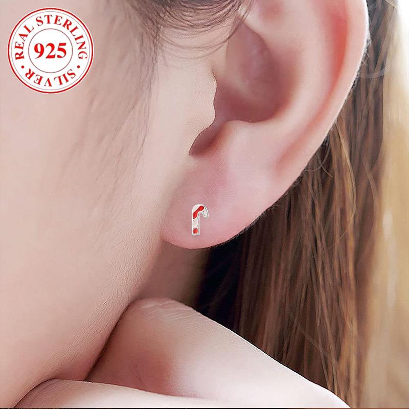 S925 Sterling Silver Christmas Candy Cane Stud Earrings for Women - Fashionable and Simple Holiday Accessory