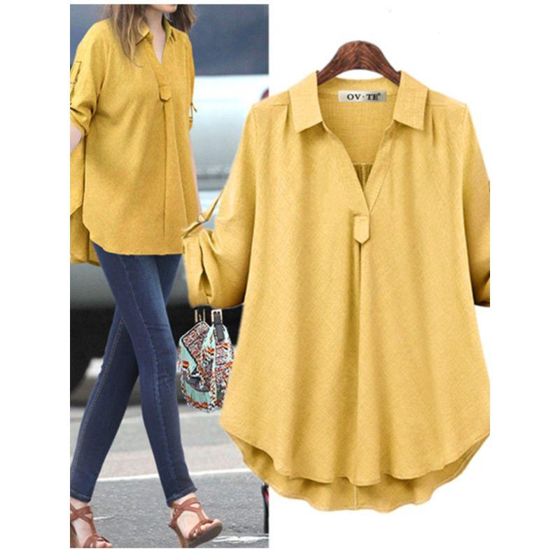 

Модная свободная рубашка средней длины, длинная, универсальная, рубашка Европейской станции, весеннее поступление, женская рубашка с рукавами с отворотами большого размера Yellow 2XL