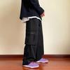 Yousheng Men Cargo Pants with Big Pocket Hip Hop Style High Street Wide Leg Loose Vintage Drawstring Elastic Waist Full Length Deep Crotch Trousers