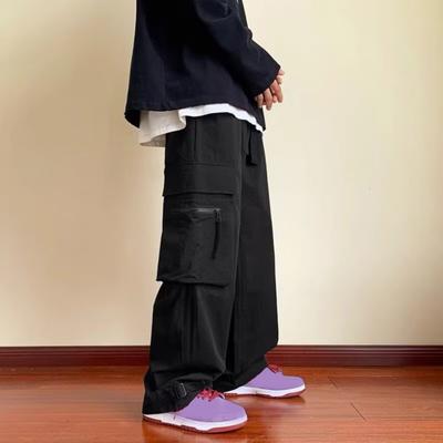Yousheng Men Cargo Pants with Big Pocket Hip Hop Style High Street Wide Leg Loose Vintage Drawstring Elastic Waist Full Length Deep Crotch Trousers