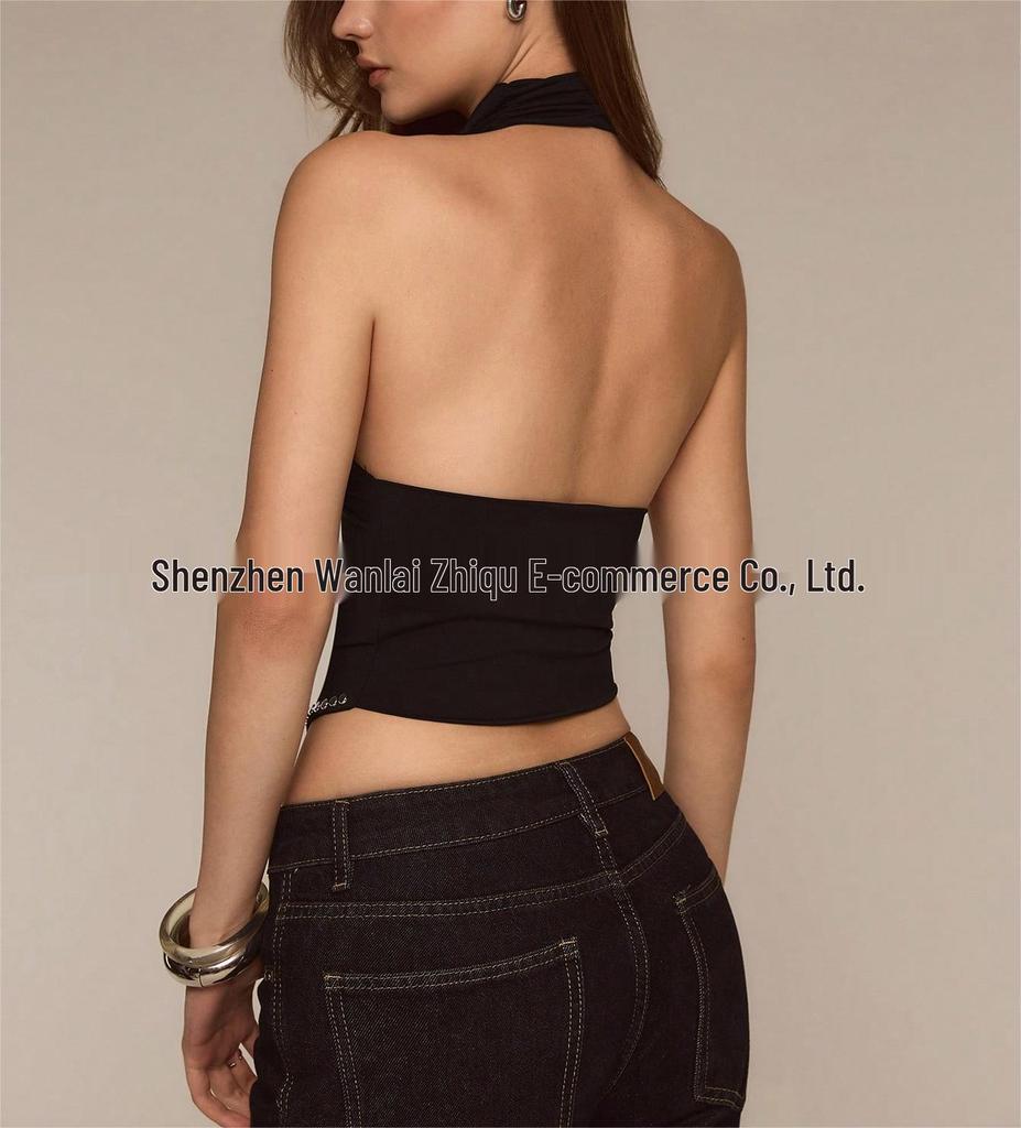 Spicy Style Black Halter Neck Backless Camisole with Pleats & Rivet Accents