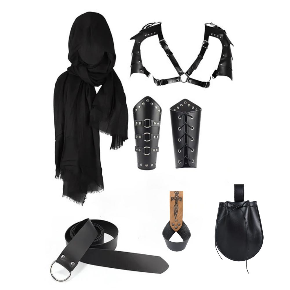 7 STuks Heren Vintage Middeleeuwse Ridder Met Kap Gewaad Sjaal Renaissance Riem Polsbeschermer Halloween Cosplay Kostuum Accessoires Prop One Size black