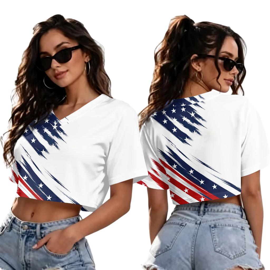 T-shirt court à col en V et manches courtes pour femme, avec imprimé football, pour un look décontracté d'été