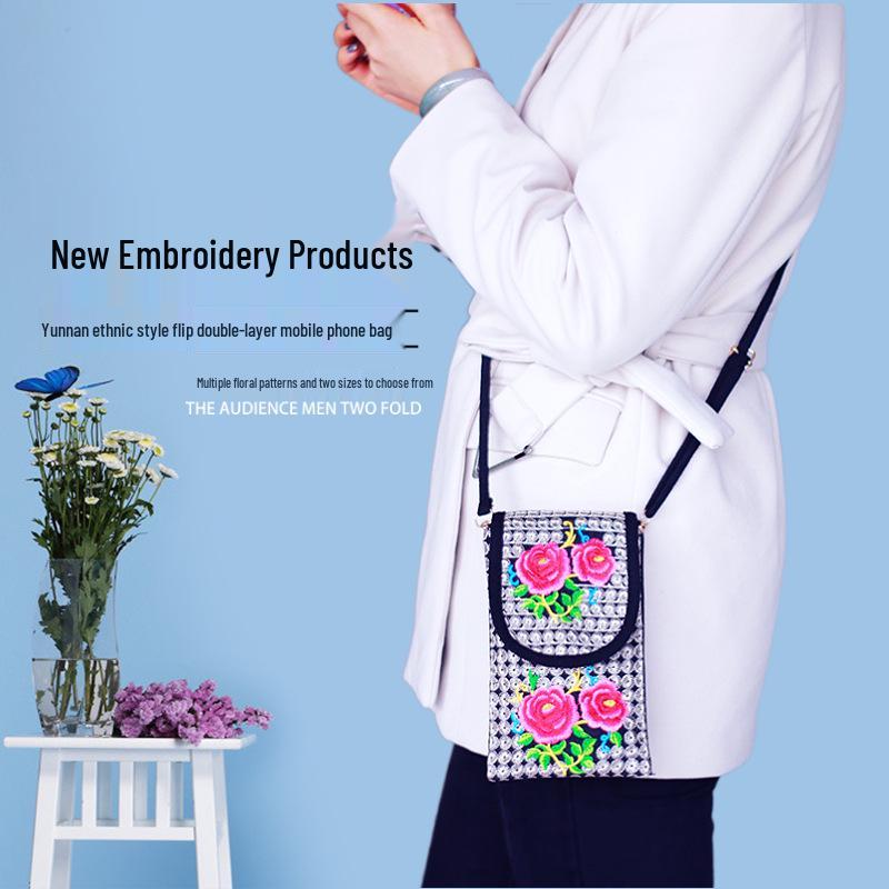 Crossbody Embroidered Womens Ethnic Canvas Handbag With Double Layer For Phone And Coins