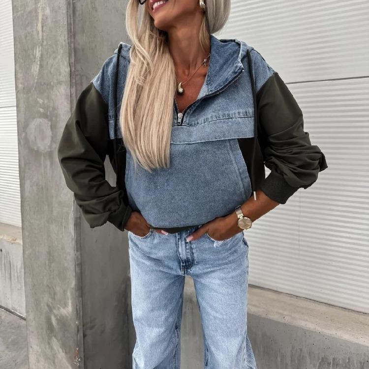 Women Autumn Long Sleeve Denim Hoodies Pullovers Stitching Sweatshirts Tops for Ladies