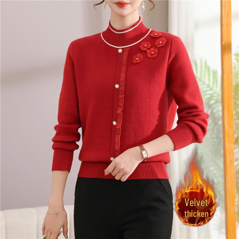 

Plus Velvet Sweater for Middle-Aged Women: Thick Knit, Half-High Collar, Warm One-Piece Top XL вино красного