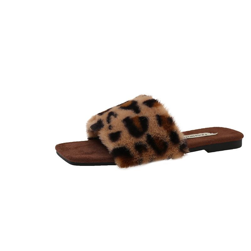 Wear fluffy slippers one-character plush lazy shoes spring and autumn casual square head low heel large size fluffy slippers