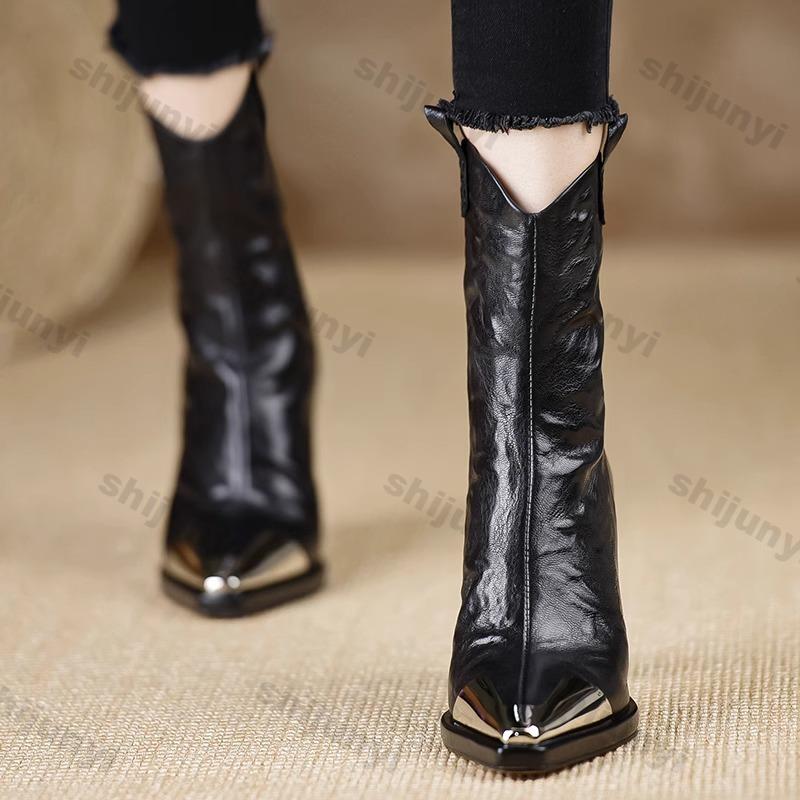 Fashion Pointed Toe Ankle Boots for Women Autumn Winter New Thick Heel PU Leather Boots Female Elegant High Heels Short Booties