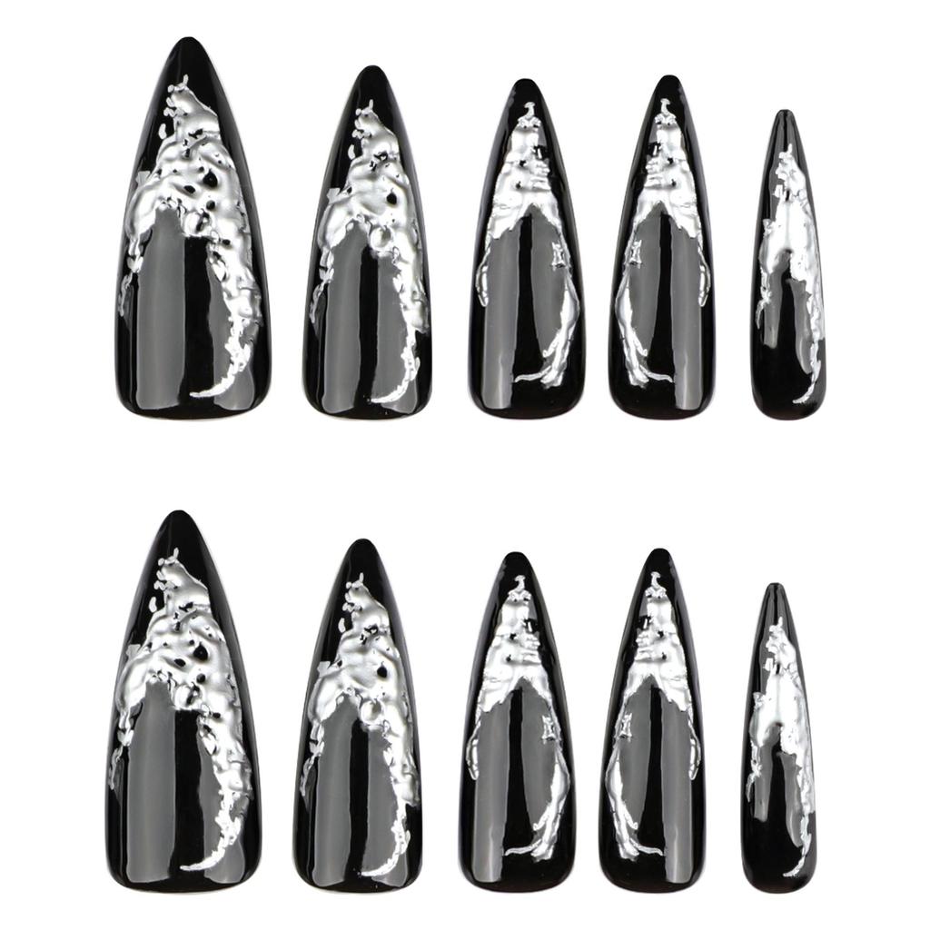 Dark Spicy Girl Long Pointed False Nails - Hot Silver Wearable Manicure