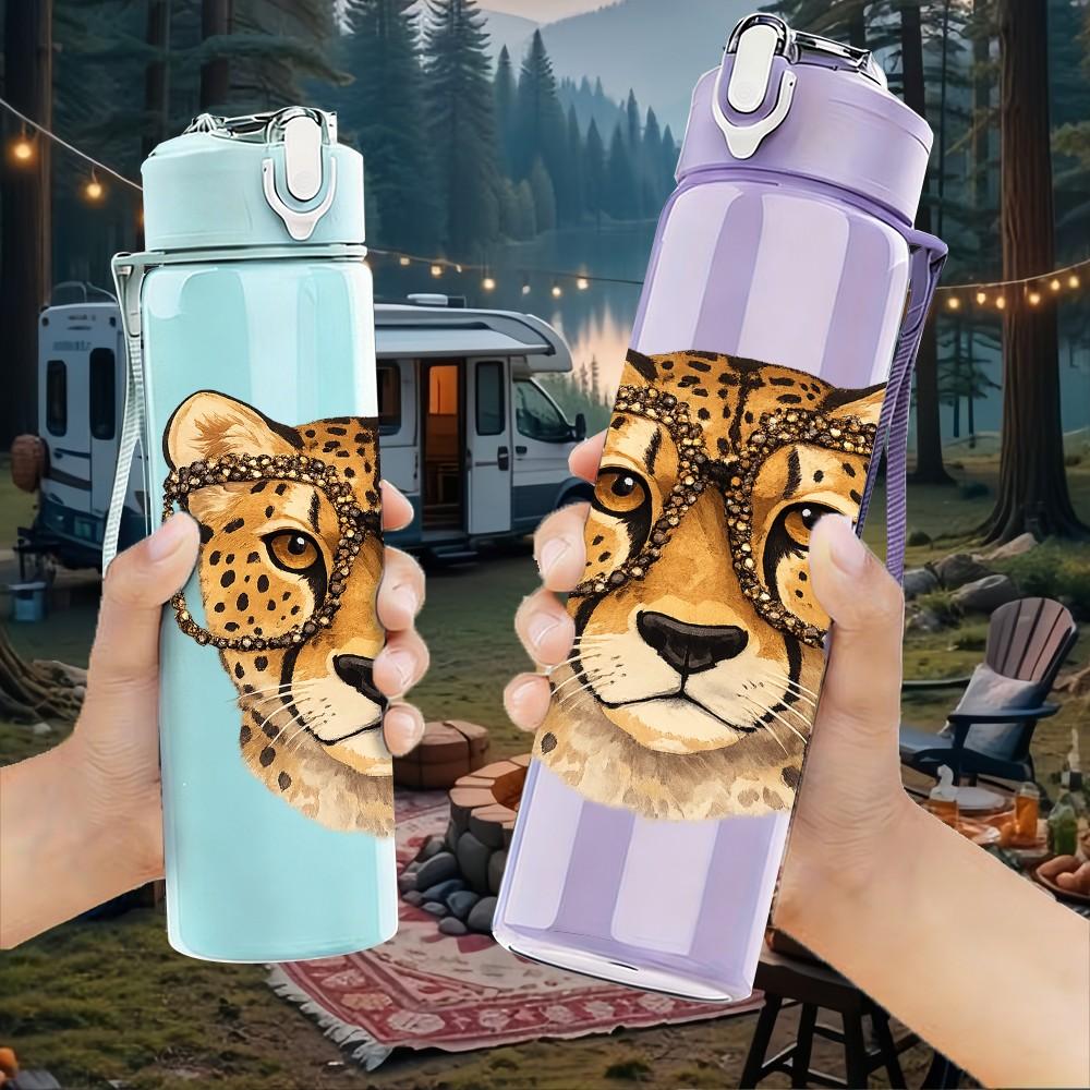 1PC Realistic Leopard Wild Animal Print 750ml Color Plastic Sports Water Bottle Leakproof Flip Straw Lid Suitable for Sports Office Home Use