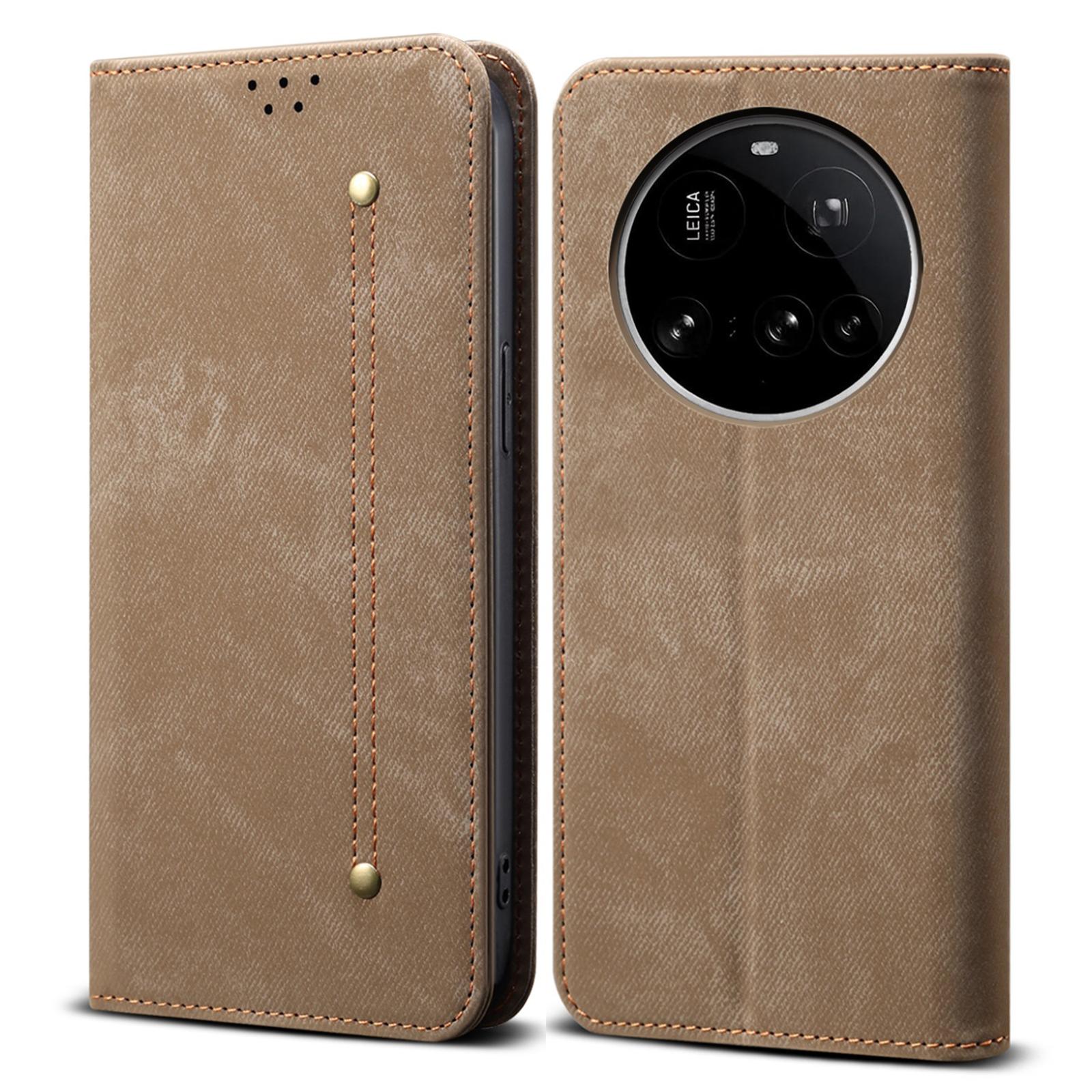 

For Xiaomi 15 Ultra Case Jeans Cloth Texture Anti-Scratch Leather Stand Phone Cover Khaki