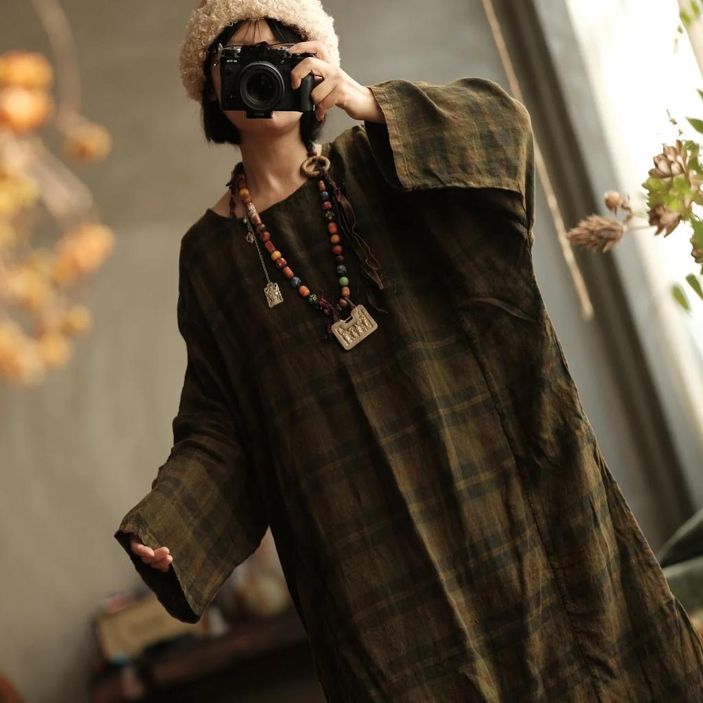 Johnature Damen Vintage Winter Grünes Gestreiftes Kleid O-Ausschnitt Langarm Locker Hohe Qualität Damenkleid