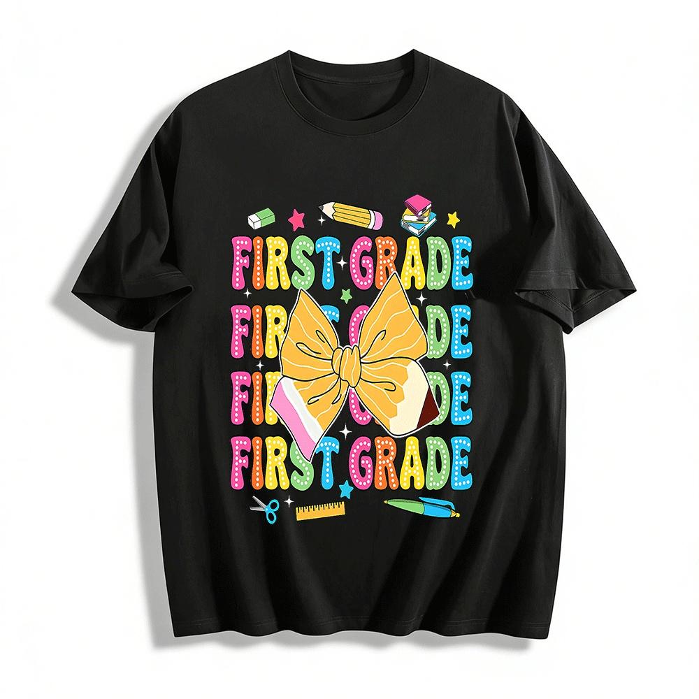 

First Grade Pencil Bow Print Kids Back to School Tee Pure cotton T-shirt XXS