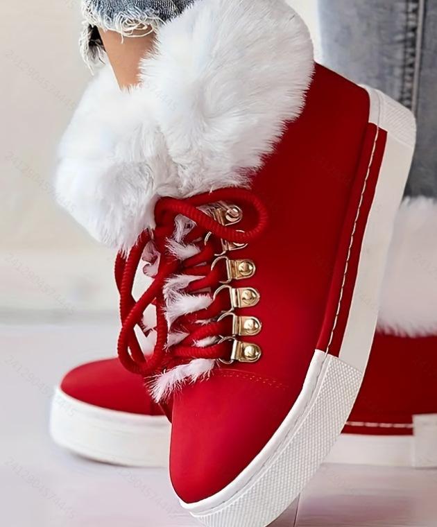 Fashion Women's Boots 2025 Christmas New Fashion Lace-Up Fuzzy Detail Lined Ankle Boots Casual Daily Round Toe Flat Boots