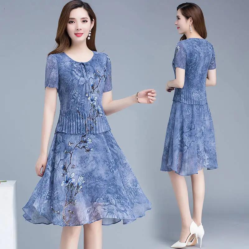 

Женское летнее элегантное шифоновое платье в китайском стиле с круглым вырезом и принтом больших размеров, длиной выше колена 2XL