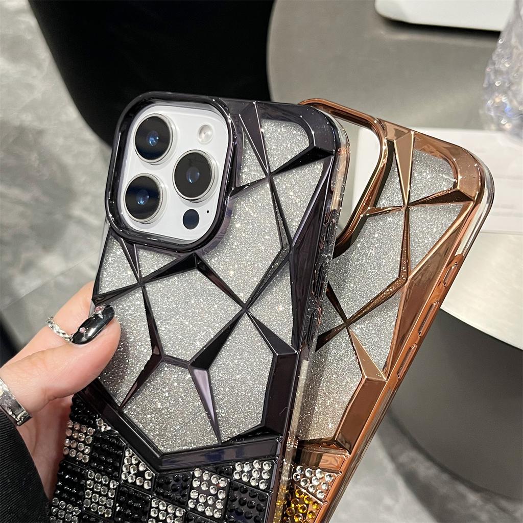 For iPhone 16 Pro Max Case with Glitter Paper Plate Geometric Diamond Pattern Rhinestone Electroplating TPU Phone Cover