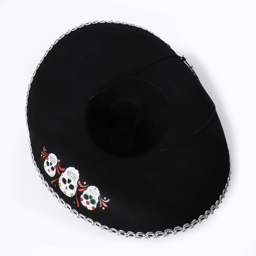Corned Mexican Hat with Skull Design & Metallic Braid, Wide Brim Festival Accessory for Halloween Carnival Themed Parties