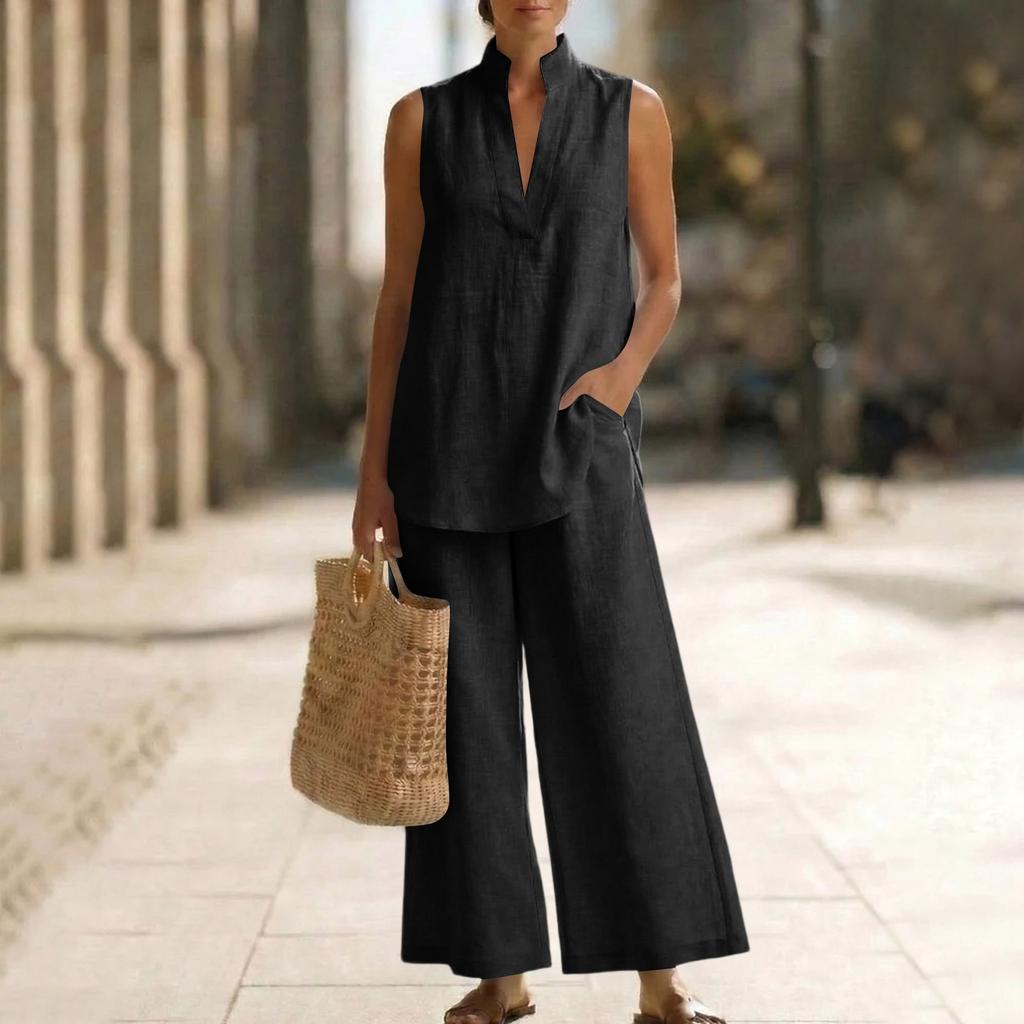 Women's Fashionable Loose V-neck Vest Sleeveless Pullover Top High-waisted Wide-leg Pants Set