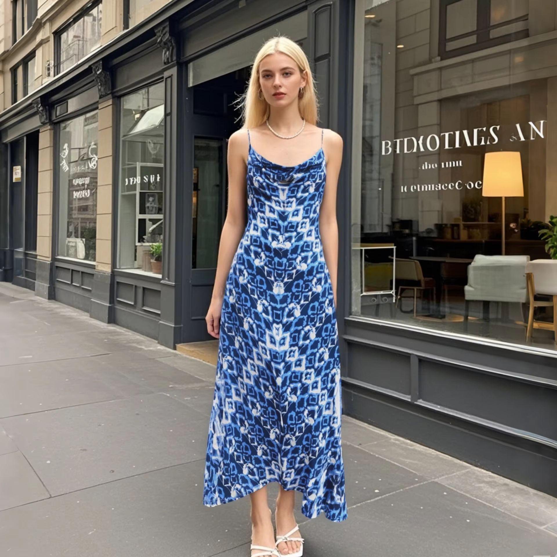

2025 Spring/Summer Women s Slim Print Lingerie-Style Long Midi Dress Medium