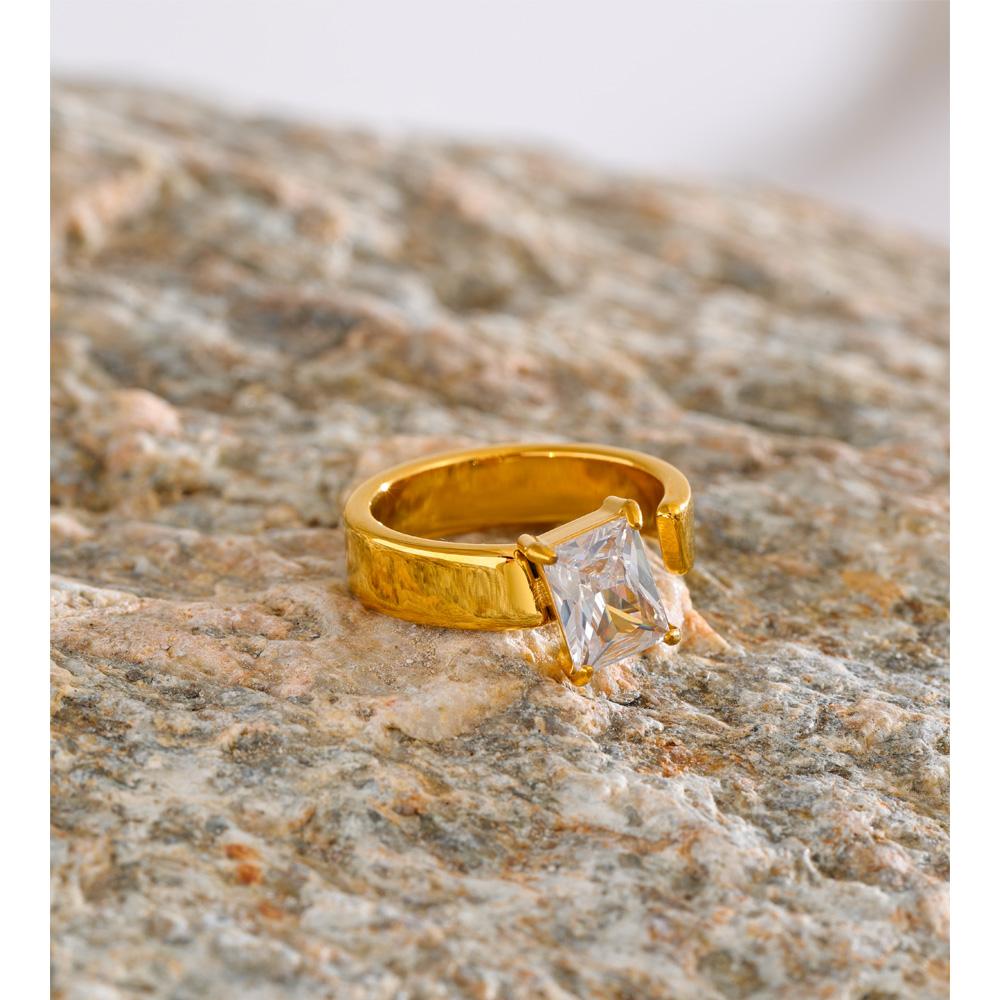 Yhpup Size 7 Glossy Stainless Steel Cubic Zirconia Golden Ring 18K PVD Plated Texture Metal High Quality Finger Jewelry Gift