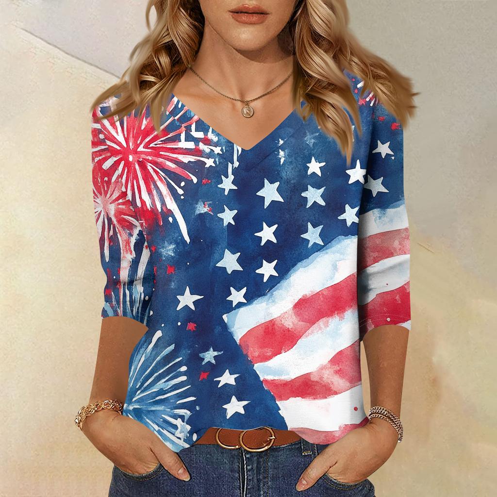 Women's Tops Three-quarter Sleeve Shirt V-neck Loose Casual Shirt Print T-shirt