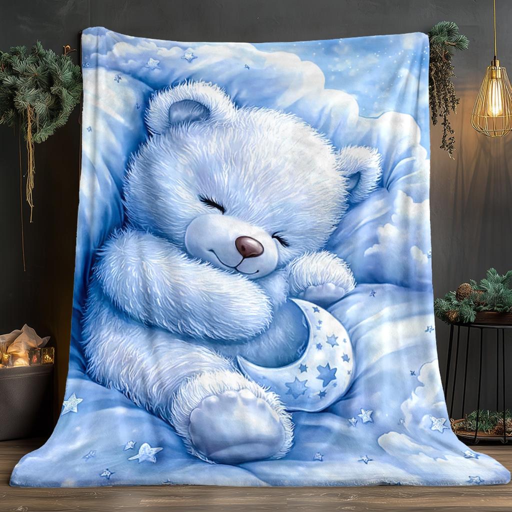 Blue Sleeping Bear Blanket With Moon Stars Fleece Throw Kids Bedding Soft Warm All Season Children Room Decor Gift