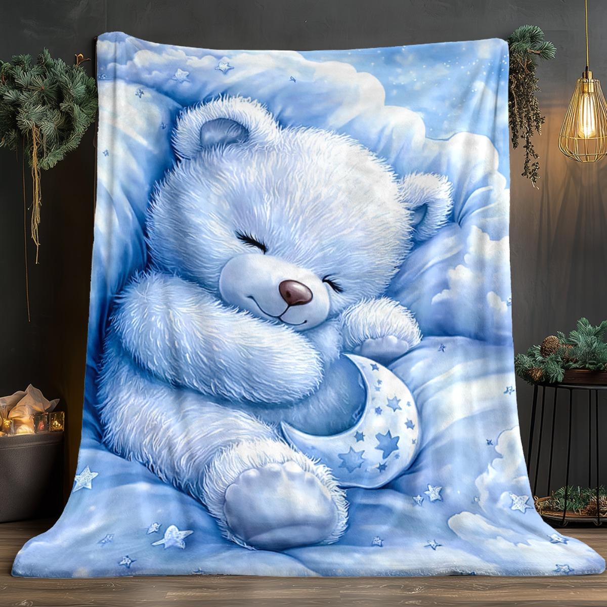 Blauw Slaapbeer Dekentje Met Maan Sterren Fleece Plaid Kinderbeddengoed Zacht Warm Alle Seizoenen Kinderkamer Decoratie Cadeau 173x218cm68x86in