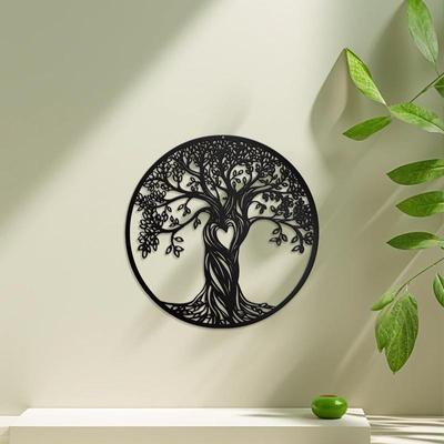 Decoración de Pared de Metal Negro Árbol de la Vida en Forma de Corazón para Dormitorio y Sala de Estar