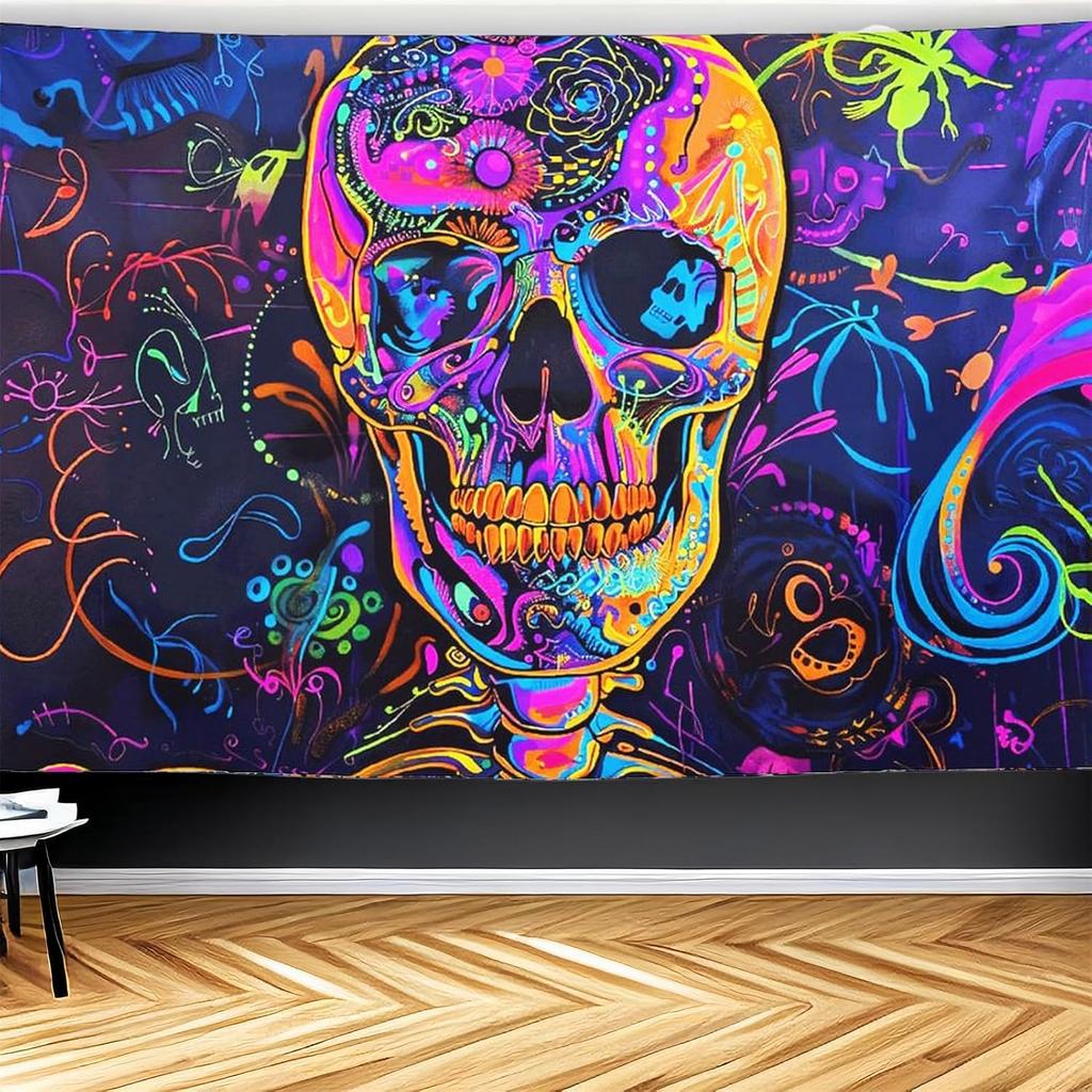 CJSLIFEART Blacklight Skull Tapestry Percussion Small Concert Fluorescent Starry Sky Bedroom Tapestry Background Wall Decoration