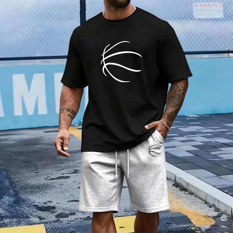 Basketball Pattern Men's Set O-neck T-shirts and Sports Shorts Summer Daily Casual Jogger Suit Male Short Sleeve Outfits