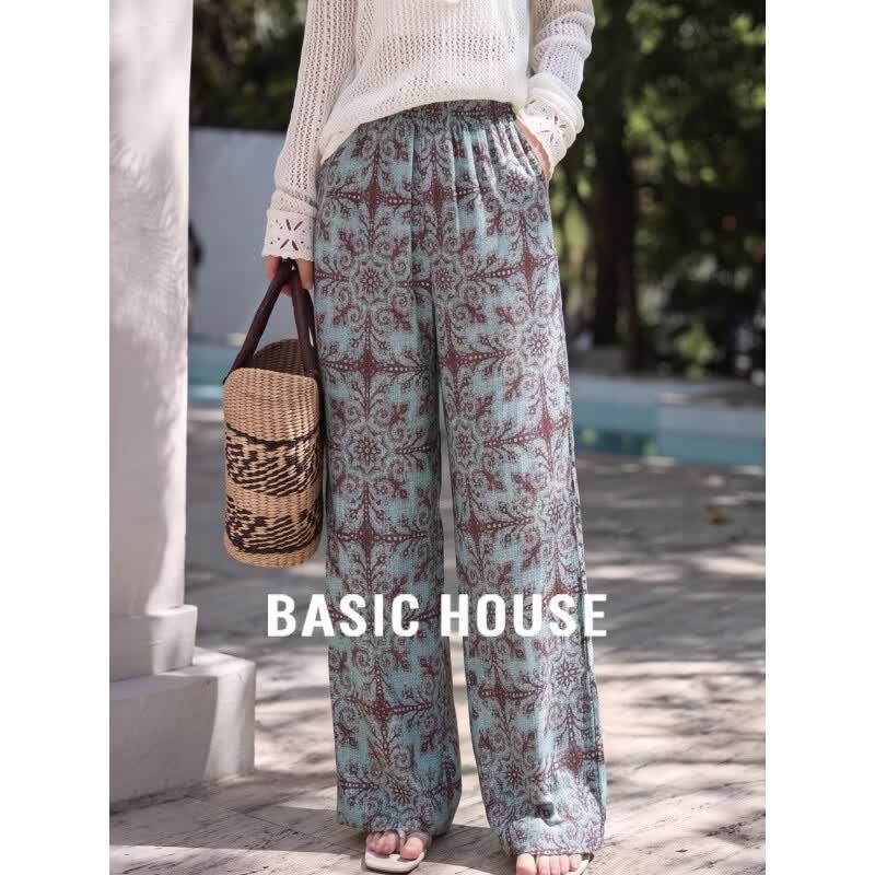 Basic House Women s 100% Linen Floral Print Wide Leg Pants 2XL