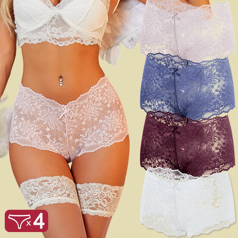 FINETOO 4Pcs/Set Women Panties Hollow Out Lace Mid Waist Elastic See-through Star Lace Four Cornered Pants Women Underpants