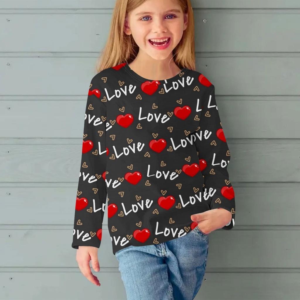 Fashion Children Casual Long Sleeved Letter Heart Pattern 3D Print Tops Funny Style Comfortable Round Neck Pullover Clothing