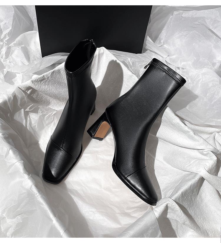 Brown Short Boots Women's High Heel Autumn and Winter Thick Heel French Temperament Rear Zipper Square Head Elastic