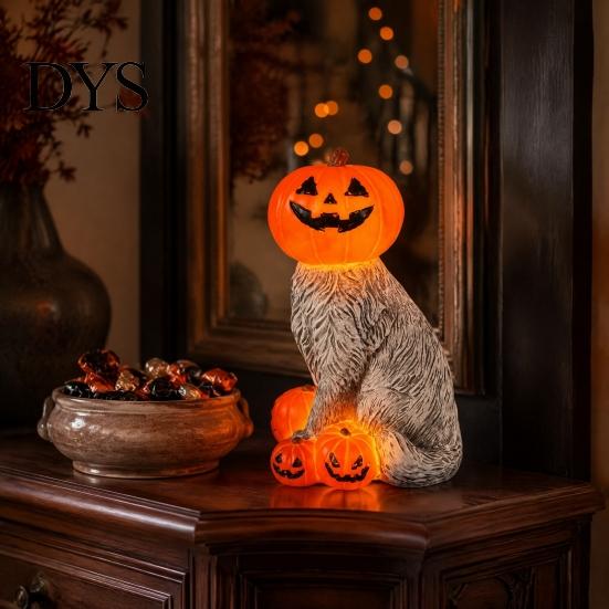 Collectibles for Home Office Lighted Pumpkin Cat Figurine, Spooky Halloween Tabletop Resin Sculpture, Gift Lovers Autumn Fall Ornament Indoor