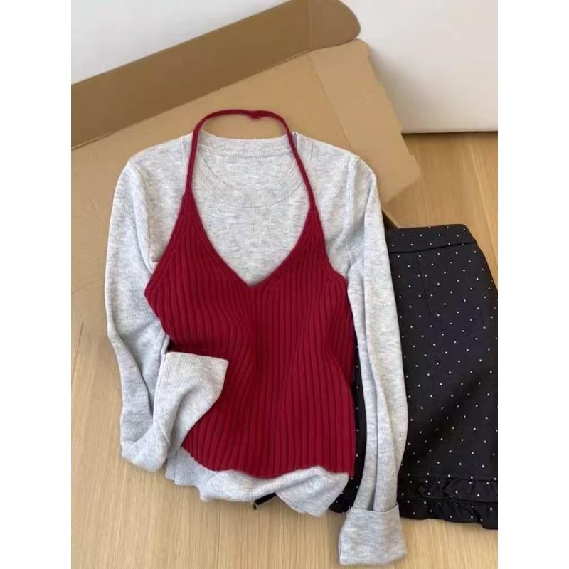 

Вязаный жилет с горловиной, облегающая рубашка с длинным рукавом, женский костюм-двойка, белый многослойный топ, новые осенние модели L