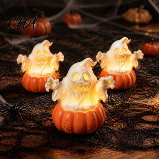 Halloween Party Supplies Pumpkin Light, LED Lighted Ghost Skull Lantern, Spooky Safe Flameless Candles Tabletop Decorative Lamp for Home Indoor