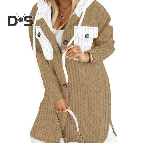 Women Fall Winter Sweater Coat Hooded Drawstring Twisted Pattern Contrast Color Thick Knitted Solid Color Long Sleeve Mid Length Pockets Split Hem