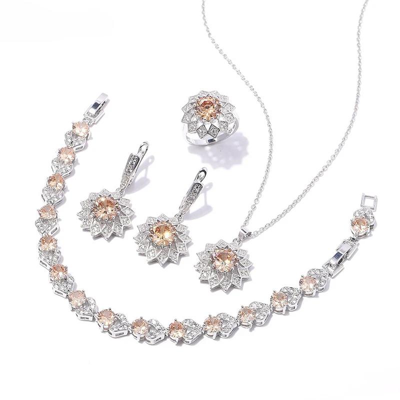 Culori Multiple Rotund Cupru Incrustat Zirconiu Cubic Placat Platină Colier Cercei Inele Brățări Set Bijuterii