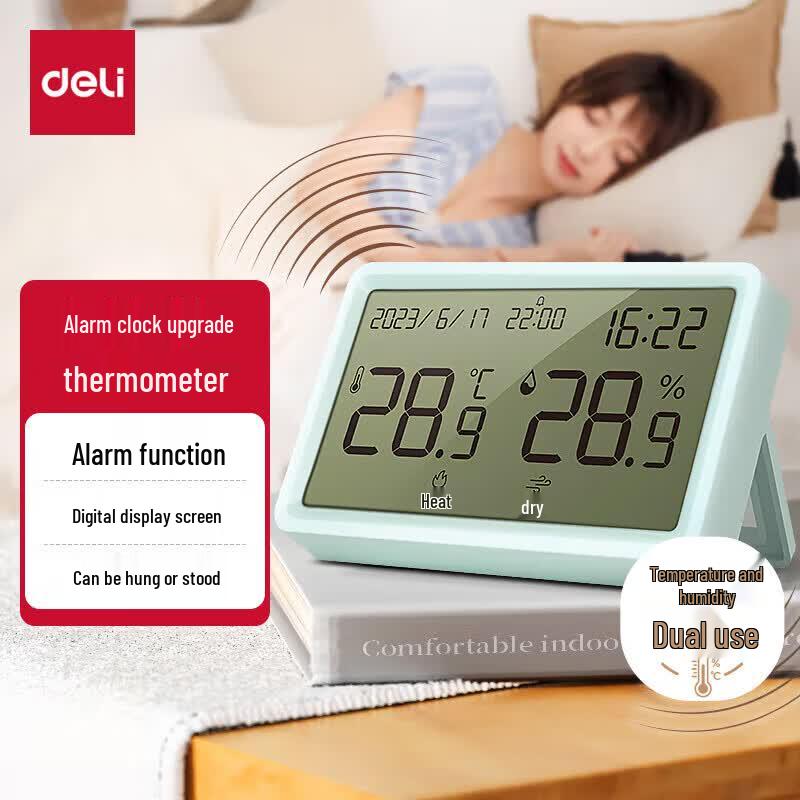 Deli Digital Thermometer Hygrometer with Alarm Clock