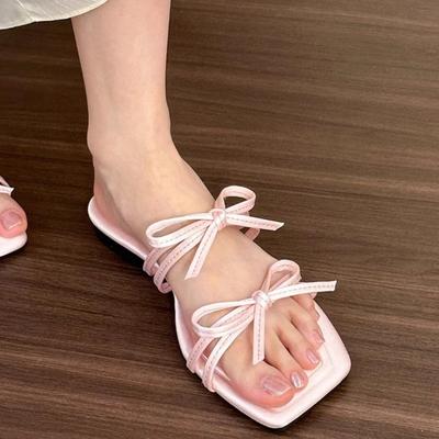 Mode Flache Damenschuhe Neu Sommer Eckige Zehenpartie Doppelschleife Dünn mit Sandalen Leichte Weiche Sohle Rutschfeste Sandalen
