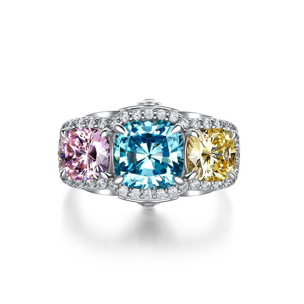 Tancise Synthetic Diamond Ring Female Inlaid Yellow Blue Pink Personalized Contrast Ring