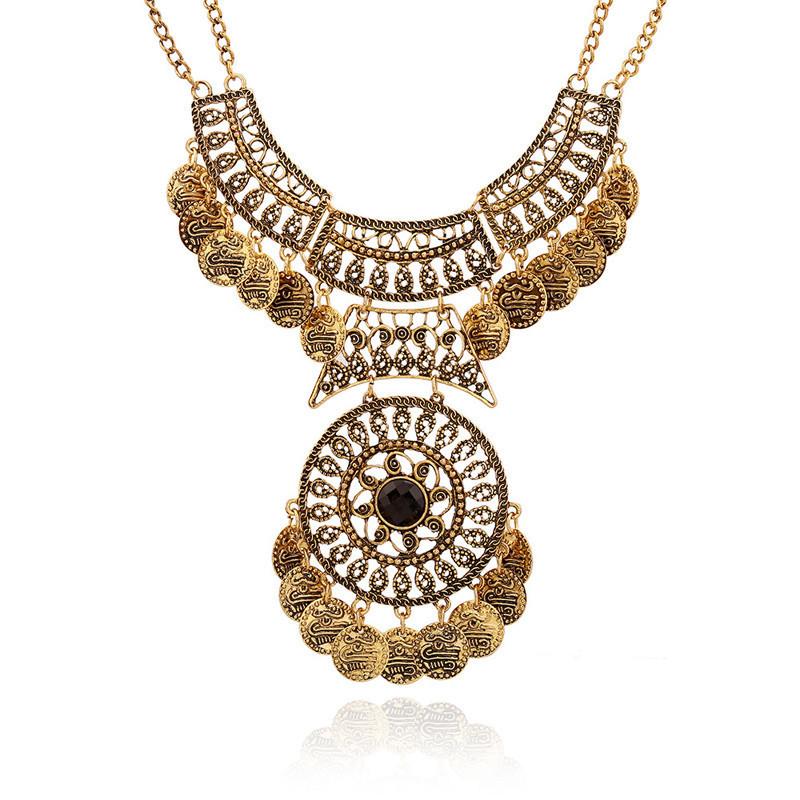 Bohemian Vintage Necklace For Women Gypsy Double Chain Coin Ethnic Tribal Statement Necklace Turkish Jewelry Collier