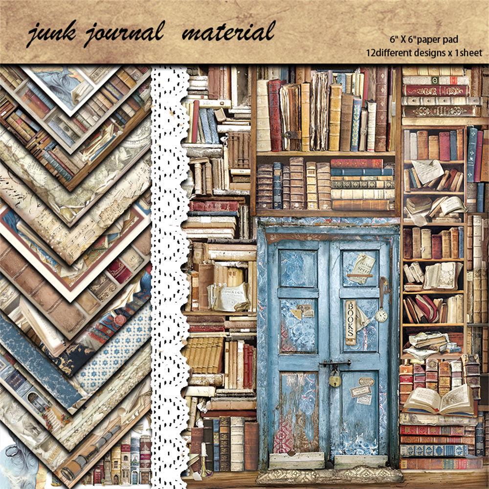 12 Sheets Retro Library Journal Collage Base Paper DIY Stickers