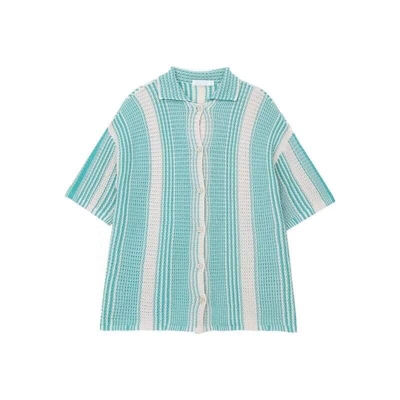 

Рубашка с коротким рукавом в корейском стиле, контрастного цвета - Мужская летняя трендовая вязаная футболка свободного кроя с лацканами 3XL зелёный