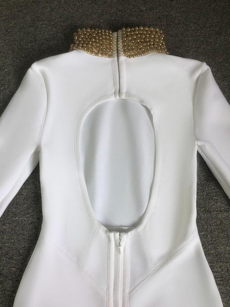 Beaded Stand Collar Backless Bodycon European & American Long Dress - Retro Light Luxury Design