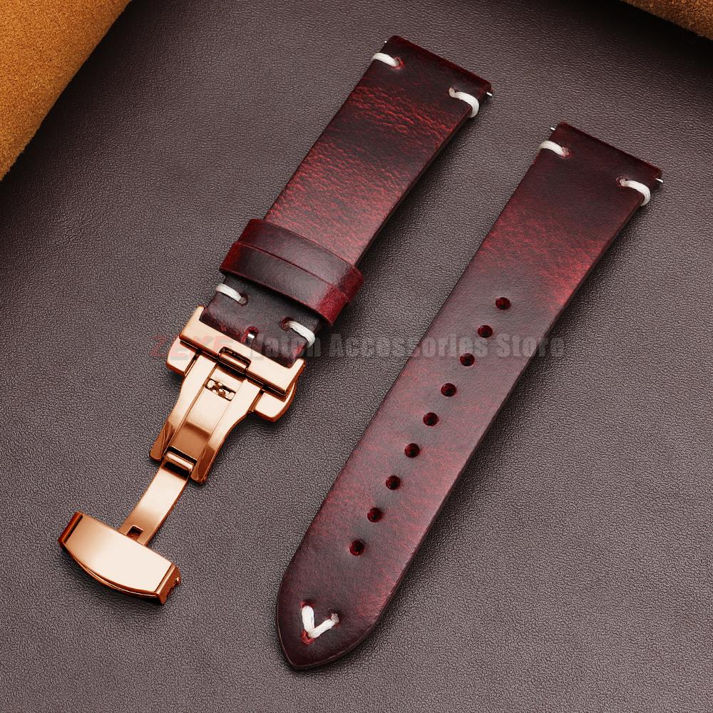 Vintage Oil Wax Leather Watch Band 18mm20mm 22mm Bracelet for Seiko Butterfly Buckle Stitching Cowhide Strap for Omega Watchband