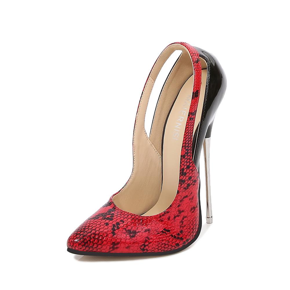 European Style Snake Print Color Block Pointed Toe Metal Thin Stiletto Plus Size Nightclub Women High Heels WZ-A16-6