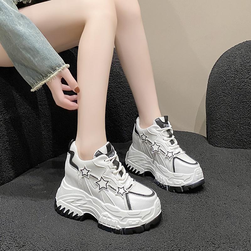 11CM High Heels Autumn Chunky Sneakers for Women Platform Sports Mesh Shoes Spring Woman Lace-up Thick Bottom Dad Shoes Ladies
